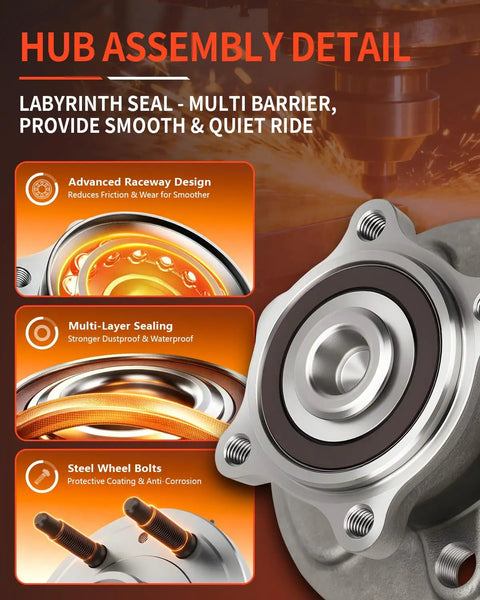 Hub assembly detail showcasing advanced raceway design, multi-layer sealing, and steel wheel bolts for durability.