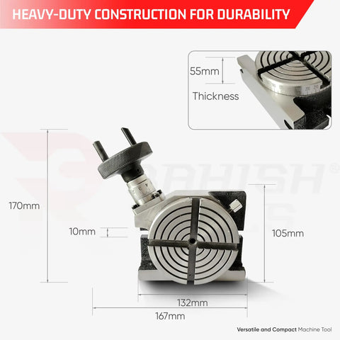 Pro Grade 4 Inch Rotary Table for Milling Machines 100mm With Horizontal and Vertical 4 Slots, shown with dimensions