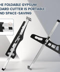 Foldable Drywall Cutter Featuring Adjustable Blade And Dual Scale Ruler With Laser Etched Markings For Quarter Or Three Eighths Inch Gypsum, compact and portable design.