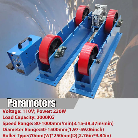 Beefy 4400Lb Welding Turning Rolls Linkage Roller 110V Electric Tank Positioner For Pipe And Tank Welding, Adjustable Diameter 2 To 59 Inches, PU Wheel Support, Heavy Duty Pro Grade Equipment shown with red PU wheels and blue frame