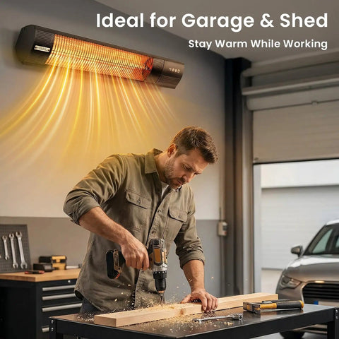 Electric Patio Heater With Remote Control 1500W Outdoor Infrared Wall Mounted in garage workshop heating work area.
