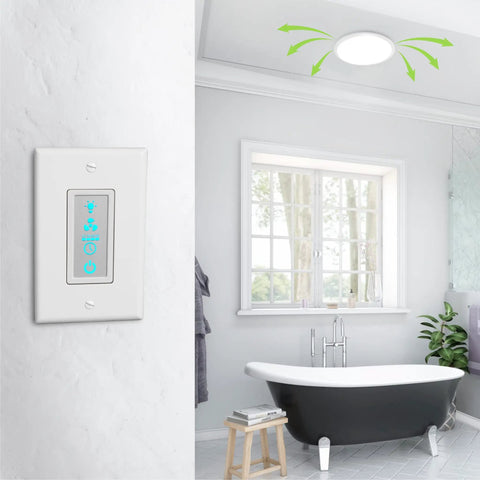 LCD Bathroom Timer Switch With 3 Function Ventilation Fan And Light Control Dimmable Light Settings in a modern bathroom setting