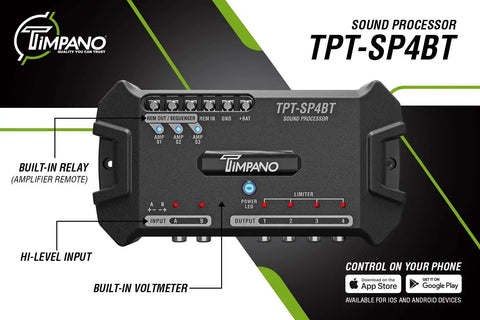 Bluetooth DSP Car Audio Processor With Four Output Channels Full Digital Signal Processing Smartphone Control Built In Voltmeter And Remote Relay For Aftermarket And Factory Radios, TPT-SP4BT model, features labeled, front view
