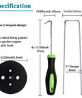 Heavy Duty Galvanized Landscape Staples Kit With 50 U Shaped Stakes 6 Inches Long 11 Gauge Plus 50 Fixing Gaskets And 1 Pick Hook For Weed Barrier Ground Cover Sod Fabric Lawn Decor; includes a U shaped stake, pick hook, and fixing gasket with dimensions and specifications.