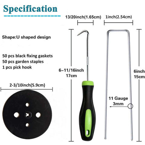 Heavy Duty Galvanized Landscape Staples Kit With 50 U Shaped Stakes 6 Inches Long 11 Gauge Plus 50 Fixing Gaskets And 1 Pick Hook For Weed Barrier Ground Cover Sod Fabric Lawn Decor; includes a U shaped stake, pick hook, and fixing gasket with dimensions and specifications.