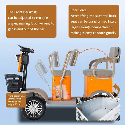 25 Mile Range 4 Wheel Mobility Scooter For Adults And Seniors, highlighting adjustable backrest and rear seat storage compartment.