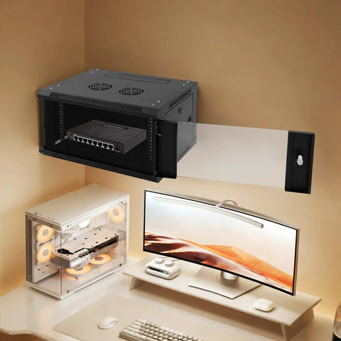Legit Heavy Duty Wall Mount Network Server Cabinet For Organizing Tech Gear Including Switches Routers And Patch Panels With Solid Steel Frame In A Sleek 6U Rack Box mounted above a desk with a switch inside.