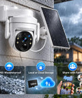 Wireless Outdoor Security Camera With Solar Power And Two Way Talk 2K Hd Full Color Night Vision mounted outdoors with solar panel and rain.
