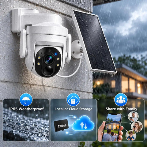 Wireless Outdoor Security Camera With Solar Power And Two Way Talk 2K Hd Full Color Night Vision mounted outdoors with solar panel and rain.