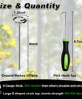 Heavy Duty Landscape Staples 120 Pack 8 Gauge 6 Inch Galvanized Garden Stakes Sod Pins For Plant Cover Tent Weed Barrier Fabric Turf And Outdoor Decor shown with dimensions and pick hook tool