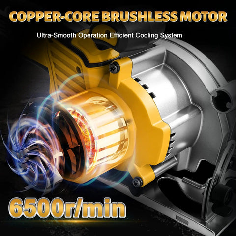 Pro Grade 5 1 2 Inch Cordless Circular Saw With Brushless Motor And 6500 Rpm showcasing copper-core motor and cooling system.