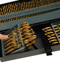 Solid 115 Pc Cobalt Drill Bit Set For Metal Pros, Heavy Duty High Speed Steel Bits With Storage Case, Sharp Twist Drills For Cast Iron And Steel Jobs That Last A Lifetime Without Wishing You Got Better.. open metal case with gold twist drill bits