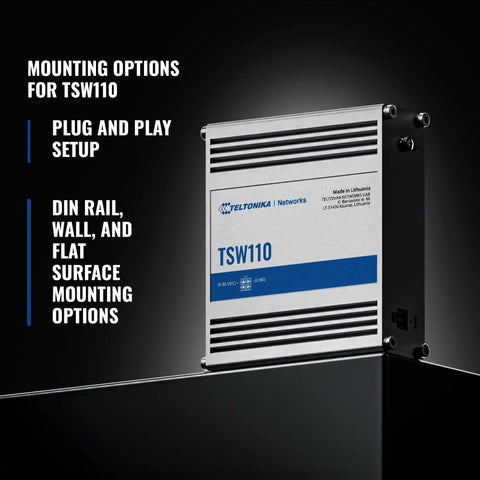 TSW100 Industrial PoE Plus Unmanaged Ethernet Switch with mounting options and plug and play setup in metal casing