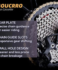 Close-up of Bike Cassette 10 Speed Wide Range For Mountain And Road Bikes with gear plate and chain guide slots, black and silver design