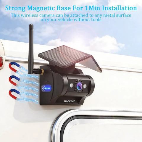 Magnetic Solar Wireless Backup Camera With Rechargeable Battery IP69 Weatherproof Build mounted on RV with solar panel.