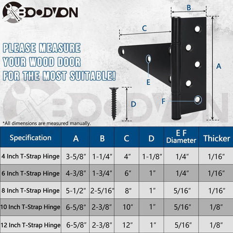 Diagram showing dimensions of 4 Inch T Strap Gate Hinges Heavy Duty Black Iron Tee Hinges with installation advice.
