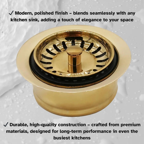 Three And One Half Inch Extra Deep Collar Kitchen Sink Waste Disposal Flange With Built In Strainer Stopper Polished Brass