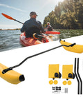 Inflatable Kayak Stabilizers Kit With Sidekick Arms For Beefed Up Stability And Balance Portable PVC Canoe Balancing Rods For Kayaks And Small Boats Three Color Options Including Yellow shown on a kayak in water with kit components
