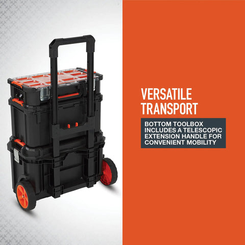 Workhorse Light Duty Modular Rolling Toolbox System With Telescopic Handle And Mobile Base With Two Rugged Rubber Wheels