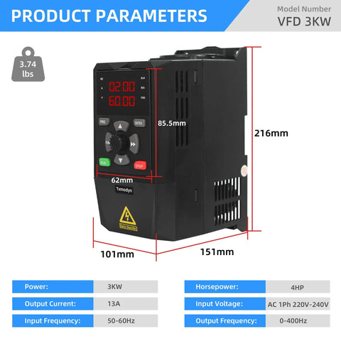 Three Kilowatt VFD Variable Frequency Drive Inverter Controller measurements and parameters shown