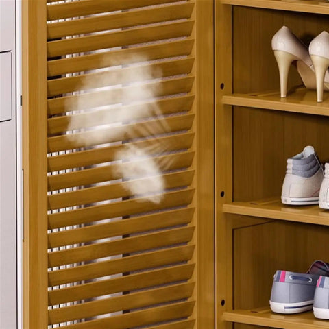 Spacious Six Tier Freestanding Shoe Cabinet Boasting Four Doors And A Nifty Drawer To Stow Away Your Best Kickers In Style with shoes visible.