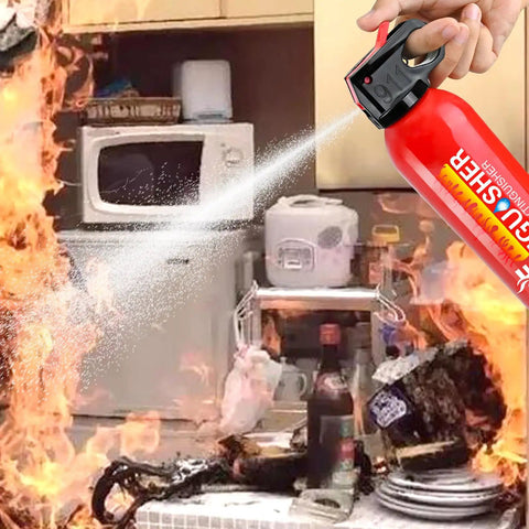 8 Pack Fire Extinguisher Spray Stop Fires Dead Class A B C K Compact Portable Rescue For Cars Trucks RV Boats Campers Marinas And Homes With Wall Mount For Kitchen Garage Ultimate Grit Shield spraying fire extinguishing agent in kitchen fire.
