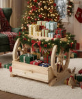 Cute Wooden Wagon Planter Box With Storage, Rustic Wheel Planter Decor adorned with holiday gifts and greenery indoors