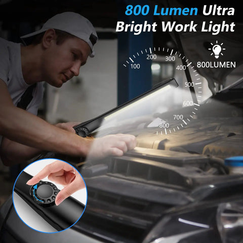 Person using Beast Mode Bright LED Work Light Pack Of 4 With 800 Lumens Rechargeable COB Power Level Indicator under car hood.