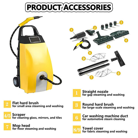High-Pressure 3000W Steam Cleaner With Ozone Function For Deep Cleaning Heavy Kitchen Grease And Stubborn Dirt product accessories including brushes and nozzles.