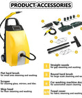 Multi-Purpose High Temp Steam Cleaner With 3.5L Tank And Ozone Function showing product accessories including brushes and nozzles.