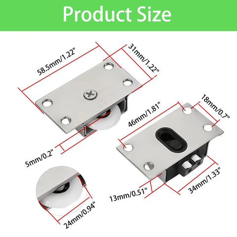 Two Pack Sliding Door Roller Wheels Delivering Super Slick Gliding Action And Effortless Ride For Wardrobe Closet Cabinets With Durable Stainless Steel Shells And Zero Hassle Replacement Parts, showing dimensions and design.