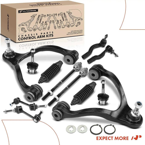 Rock Solid Twelve Piece Front Suspension Kit With Heavy Duty Upper Control Arms And Sway Bar Links For Ford Crown Victoria Lincoln Town Car Mercury Grand Marquis Left And Right, showing control arms, sway bar links and related parts on a white background.