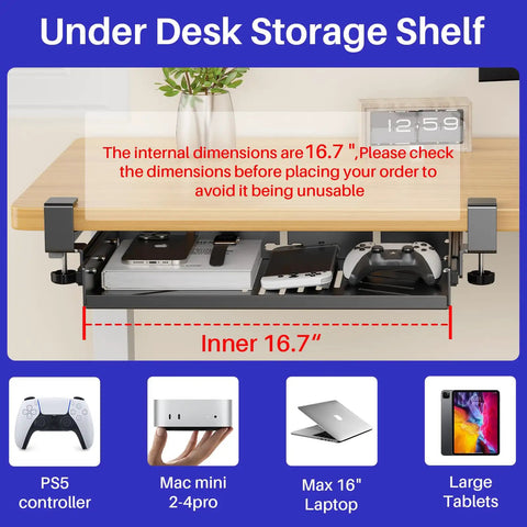 Sliding Under Desk Laptop Mount No Drill Setup With Slick Metal Storage Shelf For Grab And Go Access, showing dimensions and device storage.
