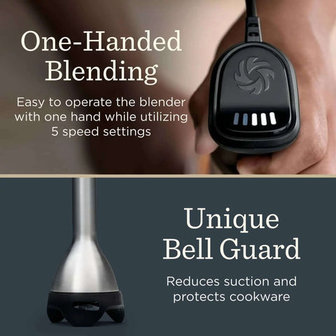 Hella Powerful Immersion Blender With Five Speed Settings And A 625-Watt Motor That Handles Whole Foods And Creates Creamy Soups Smoothies And Baby Food In Sleek Stainless Steel Finish, showing one-handed blending feature and unique bell guard.