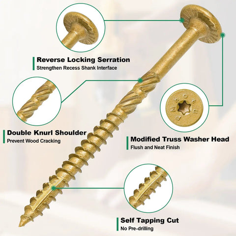 Heavy Duty Outdoor Deck Screws 4 And A Half Inch 50 Pack Star Drive Wood Screws For Timber Log And Landscaping Projects Tough As Nails Rust Resistant Tan Size 14 X 4 And A Half Inches, showing screw features like double knurl shoulder and self tapping cut.