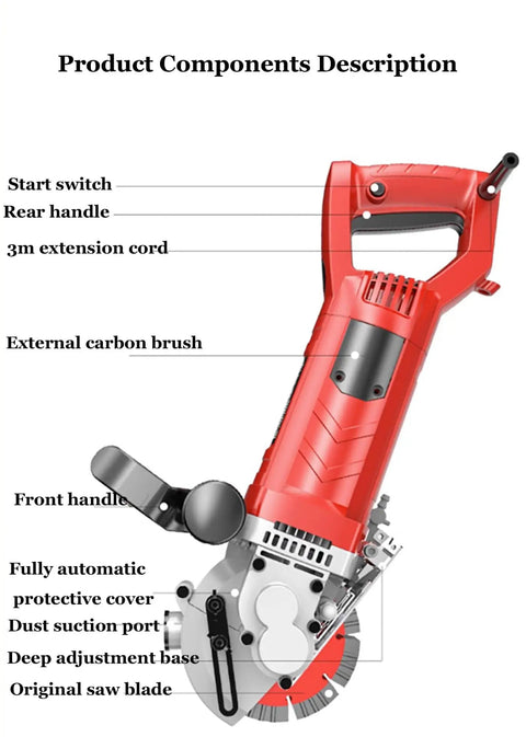 Heavy Duty Powerhouse Electric Wall Cutting Saw With Laser Aiming 5500W Concrete Chaser showing product components and features.