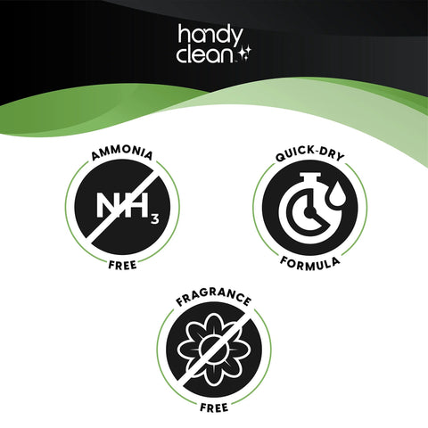 HandyClean pre-moistened lens cleaning wipes front packaging showing ammonia-free, fragrance-free and quick-dry icons.