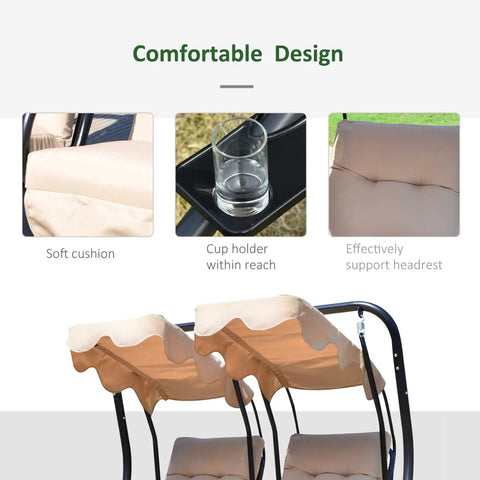Close-up of Double Seat Outdoor Patio Swing with removable canopy showing soft cushions, cup holder, and headrest.