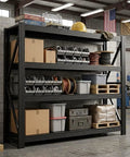 Beefed Up 4 Tier Storage Shelving Black Industrial Grade Rack Cracks Under Up To 6000 Lbs Pressure showing organized tools and boxes.