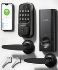 Slick WiFi Smart Door Lock For Front Door Keyless Entry Deadbolt With Handle Set Fingerprint Pin Code Alexa And Google Assistant App Control with mounted keypad and smartphone.