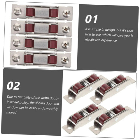 Eight Piece Heavy Duty Double Wheel Pulley Kit For Effortless Smooth Gliding Sliding Screen Doors And Window Track Replacement Barn Door Rollers With Dead Simple Setup, showing four steel rollers with red wheels.