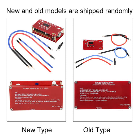New and old models of Portable Mini Spot Welder With LCD Display, Dual Power From Lithium Battery Packs Or 12V Car Supply displayed.