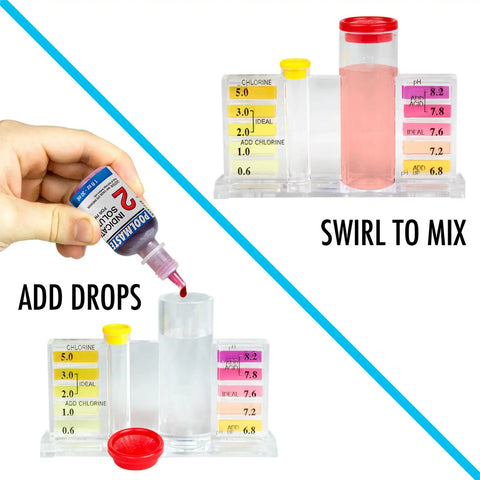 Total Game Changer Swimming Pool And Spa Water Test Kit For Chlorine Bromine Ph And Alkalinity Delivers drops added to mixing vial.