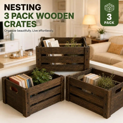 Three Pack Extra Large Rustic Wooden Crates For Display And Storage Farmhouse Style Nesting Boxes with books and plants