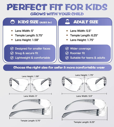 Rad 6 Pack Kids Safety Glasses Youth Protective Eyewear ANSI Z87 Certified sizes comparison chart for kids and adults.