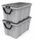 Kick Butt Heavy Duty 50 Gallon Storage Bins with Crystal Clear Lids Nesting Stackable Plastic Totes Hold All Tools Seasonal Gear and Bulky Clutter 2 Pack Grey, two grey bins stacked with clear lids.