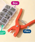 No-Fuss Five Claw Snap Button Kit With One Hundred Multicolor Metal Snaps And Rock Solid Setup Plier with metal snaps and pliers.