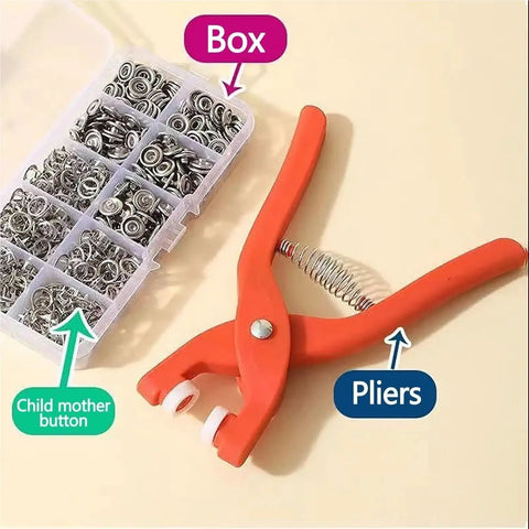 No-Fuss Five Claw Snap Button Kit With One Hundred Multicolor Metal Snaps And Rock Solid Setup Plier with metal snaps and pliers.
