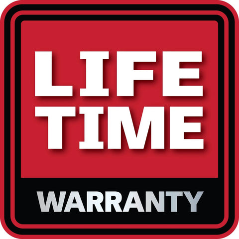 Red and black lifetime warranty badge logo
