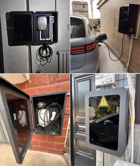Real Deal Ev Charging Station Wall Cover With Beefy Dual Lock Security And Snug Cord Routing To Keep Your Electric Vehicle Setup Safe From Thieves And Bad Weather Conditions, showing various installation angles.